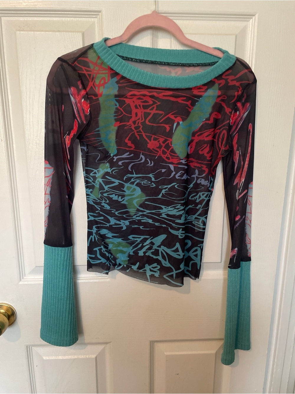 SHEIN Black Mesh Long Sleeve Top with Turquoise Trim and Multicolor Graffiti - Picture 2 of 3